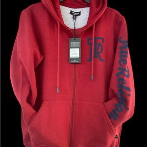 True Religion Red Zip-Up Hoodie with Navy Accents